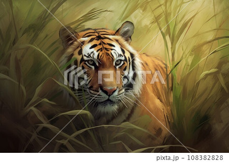 Tiger head closeup grass. Fur feline. Generate Ai Tiger head closeup grass. Fur feline. Generate Ai 108382828