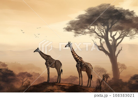 Giraffe savannah. Wildlife travel african. Generate Ai 108383021