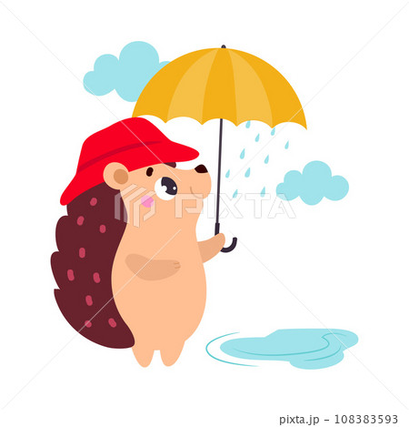 Cute Hedgehog Character Walk with Umbrella in Rain Vector Illustration 108383593