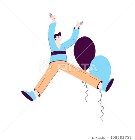 Happy Man Character Rejoicing and Cheering Jump with Balloon Vector Illustration 108383753