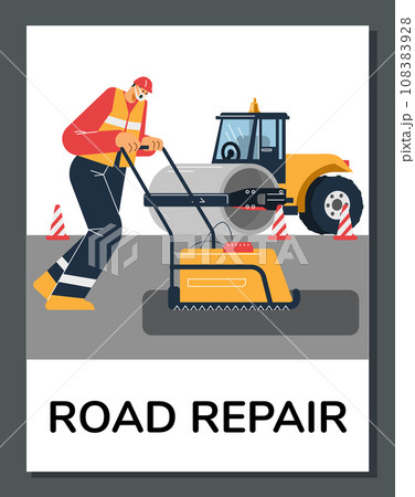 Heavy equipment road roller for road construction and paving vector poster, worker repair the asphalt road surface 108383928