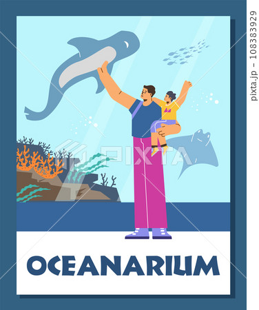 Dad and son watching fish in oceanarium. Dad and son watching fish in oceanarium. 108383929