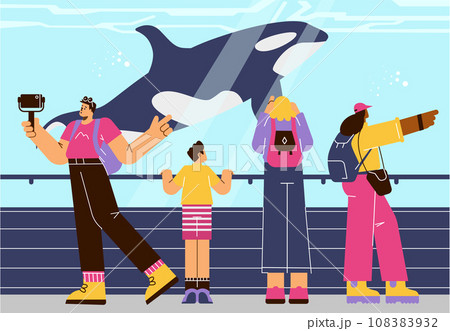 People in oceanarium watching dolphin and making photos. 108383932
