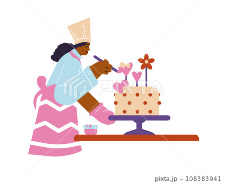 Woman confectioner glaze cake decoration. 108383941