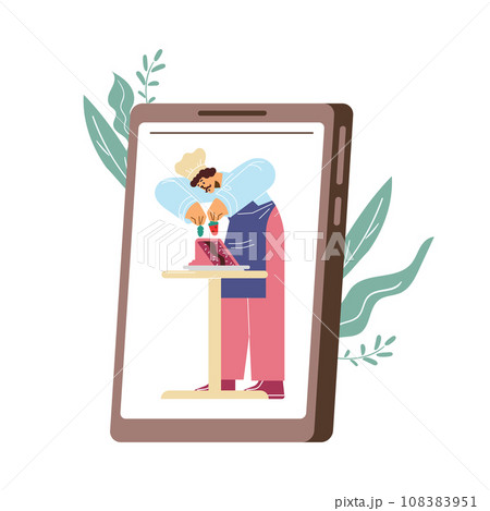 Man confectioner cooking cake, decorates with strawberry on screen recording, vector culinary blog, educational podcast Man confectioner cooking cake, decorates with strawberry on screen recording, vector culinary blog, educational podcast 108383951