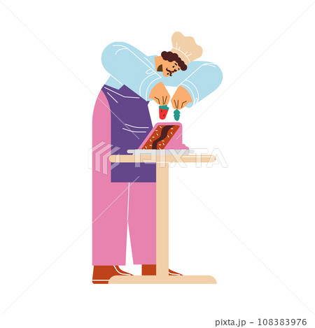 Man confectioner cooking cake, decorates with strawberry, vector culinary baker preparing sweet dessert with cream Man confectioner cooking cake, decorates with strawberry, vector culinary baker preparing sweet dessert with cream 108383976