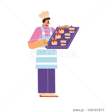 Mustachioed confectioner man holding dessert tray flat style 108383977