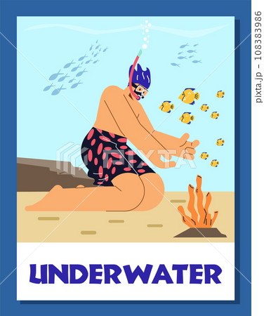 Man in diving mask swimming in sea, observing coral reef, snorkeler admiring marine fauna, underwater vector poster 108383986
