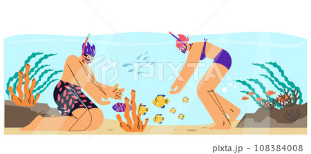 Snorkeling activity, vector couple in diving mask swimming in sea observing fauna of coral reef, marine adventures Snorkeling activity, vector couple in diving mask swimming in sea observing fauna of coral reef, marine adventures 108384008