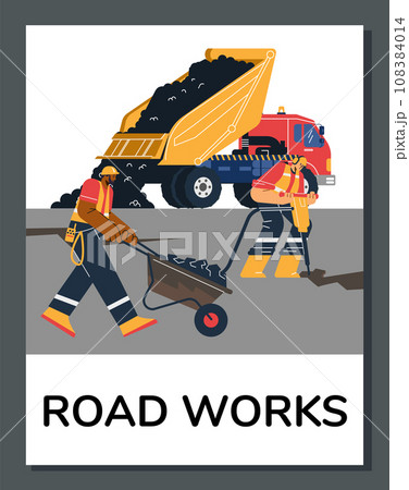 Construction truck unloads asphalt for road construction and paving vector poster, worker repair the asphalt road 108384014