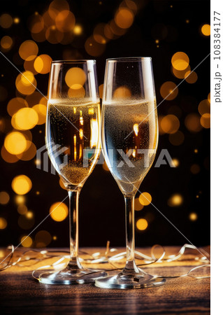 Glasses of champagne on a festive background, party or holiday concept. New Year or Christmas sparkling background. Gold and black colors. 108384177