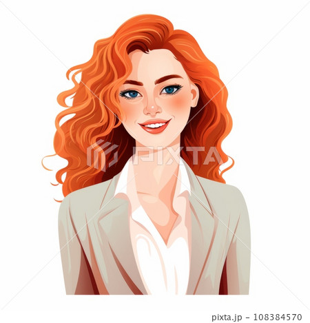 Smiling Adult White Woman with Red Curly Hair Flat Illustration. Portrait of Business Character on white background. Business Person in Casual Clothes. Ai Generated Square Cartoon Illustration. 108384570