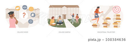 Student life isolated concept vector illustration set. College choice, college campus, educational trajectory, assessment test, graduation, campus tour, university events, library vector concept. 108384636
