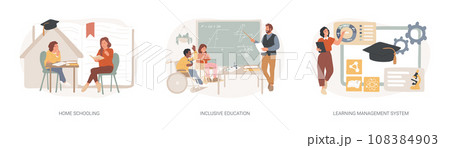 Private schooling curriculum isolated concept vector illustration set. Homeschooling, inclusive education, learning management system, online tutor, individual plan, mobile device vector concept. Private schooling curriculum isolated concept vector illustration set. Homeschooling, inclusive education, learning management system, online tutor, individual plan, mobile device vector concept. 108384903