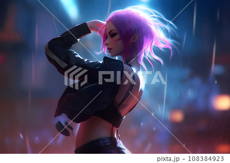 female teenager fashion model pretty young woman looking at night club city light glow, back to 80s. Neural network AI generated art 108384923