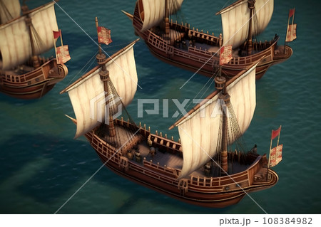 vintage ships at sea. Wooden sailboat sails in a storm at ocean. A mysterious boat in stormy waves. Neural network AI generated art 108384982