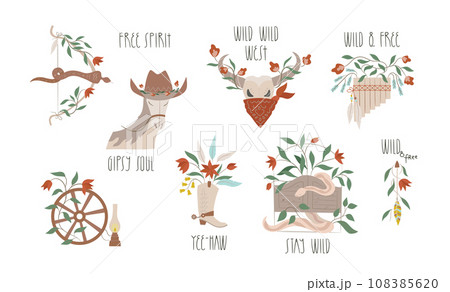 Wild west lettering, card, poster, wall art template with horse, scull, arch. Wild west lettering, card, poster, wall art template with horse, scull, arch. 108385620