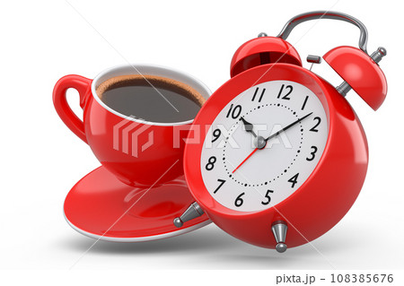 Vintage alarm clock with ceramic coffee cup on white background. 108385676