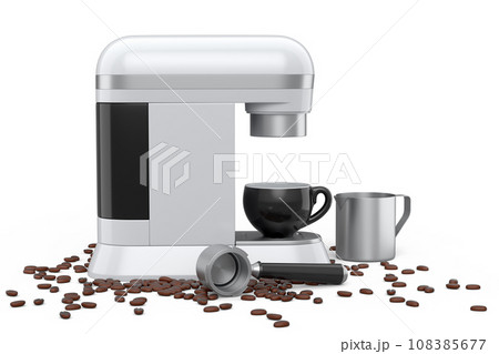 Espresso coffee machine with steel milk frothing pitcher and ceramic coffee cup 108385677