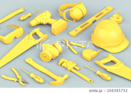 Top view of monochrome construction tools for repair on grey background Top view of monochrome construction tools for repair on grey background 108385732