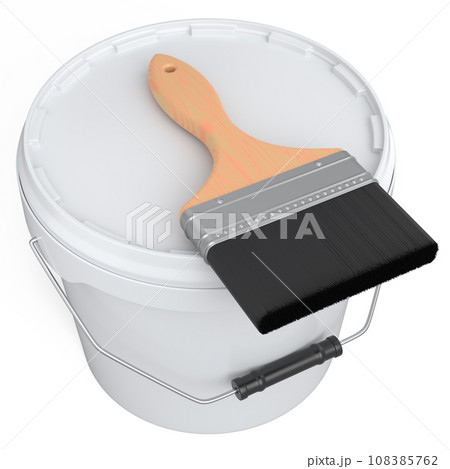 Closed plastic can or buckets with paint bristle brush on white background. Closed plastic can or buckets with paint bristle brush on white background. 108385762