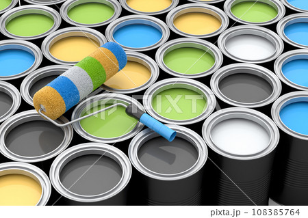Set of open metal can or buckets of paint in row pattern on white background. 108385764