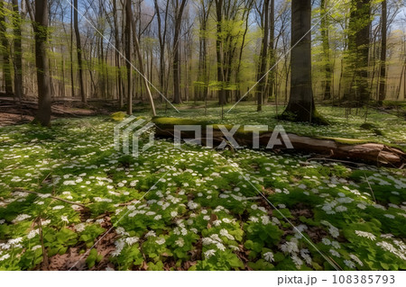 Spring landscape in the forest with white flowers. Neural network AI generated art 108385793