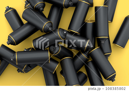 Lots of flying spray paint cans on yellow background. Spray bottle and dispenser Lots of flying spray paint cans on yellow background. Spray bottle and dispenser 108385802