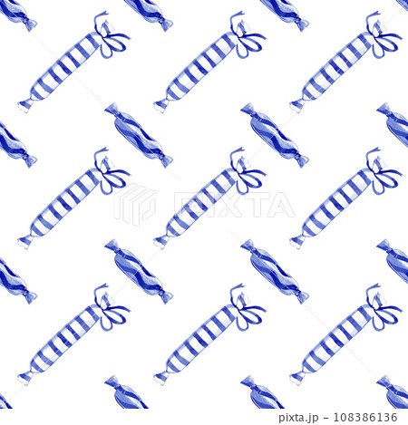 Christmas candies in striped candy wrappers. Abstract seamless watercolor pattern. Illustration for wrapping paper, textile, decoration 108386136