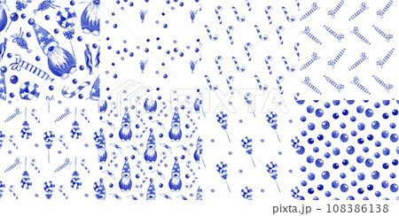 Blue collection of Christmas patterns with abstract, geometric and cartoon motifs. Stylish seamless backgrounds for fabrics, textiles, wallpapers, etc 108386138