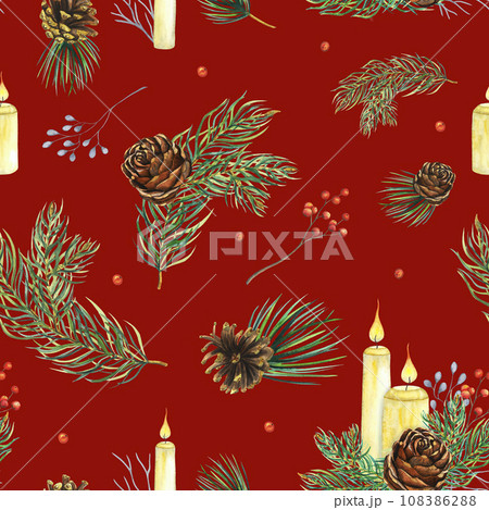 Watercolour seamless pattern with white candles with fire, pine cone, fir branches, red berries. Hand drawn illustration, cozy decorations for Christmas and New Year 108386288
