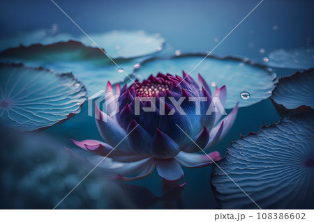 White lotus lilies in lake water. Natural beautiful flowers blossom in forest wildlife. Neural network AI generated art 108386602