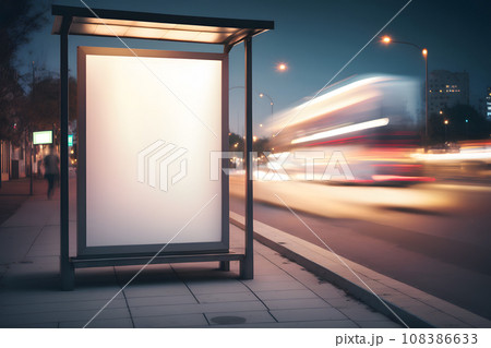 Blank advertising light box on bus stop, mockup of empty ad billboard on night bus station, template banner on background city street for text. Neural network AI generated art 108386633