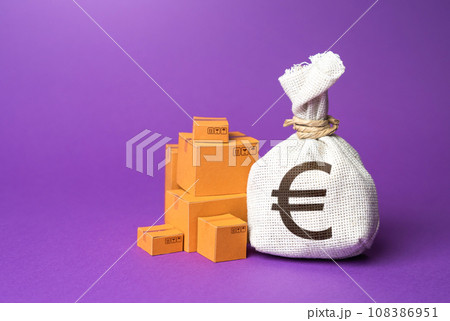 Goods boxes and euro sterling money bag. Trade deal. Import and export. Profit from sales and production of goods, economic growth. Budget purchases, large purchase orders. Global currency. 108386951
