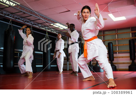 Woman in kimono standing in fight stance in gym 108389961
