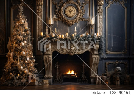 Calm image of christmas interior. Classic New Year Tree decorated in a room with fireplace. Calm image of christmas interior. Classic New Year Tree decorated in a room with fireplace. 108390461