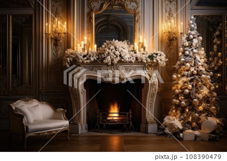 Calm image of christmas interior. Classic New Year Tree decorated in a room with fireplace. Calm image of christmas interior. Classic New Year Tree decorated in a room with fireplace. 108390479