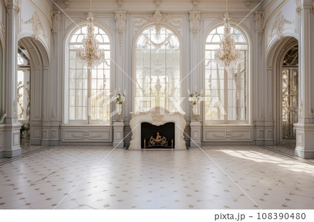 Luxurious vintage interior with fireplace in the aristocratic style. Large Windows and mirrors. Columns and arches, ornament on the glossy floor Luxurious vintage interior with fireplace in the aristocratic style. Large Windows and mirrors. Columns and arches, ornament on the glossy floor 108390480