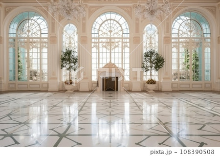 Luxurious vintage interior with fireplace in the aristocratic style. Large Windows and mirrors. Columns and arches, ornament on the glossy floor Luxurious vintage interior with fireplace in the aristocratic style. Large Windows and mirrors. Columns and arches, ornament on the glossy floor 108390508