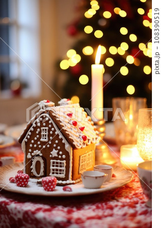 Gingerbread house on table. Defocused lights of Christmas garland. Evening in the living room. Holiday mood.  108390519