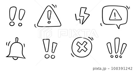 Doodle exclamation mark, alert danger sign set. Scribble hand drawn doodle exclamation triangle point, stop warning, hazard sign. Hand drawn sketch danger information sign. Vector Doodle exclamation mark, alert danger sign set. Scribble hand drawn doodle exclamation triangle point, stop warning, hazard sign. Hand drawn sketch danger information sign. Vector 108391242