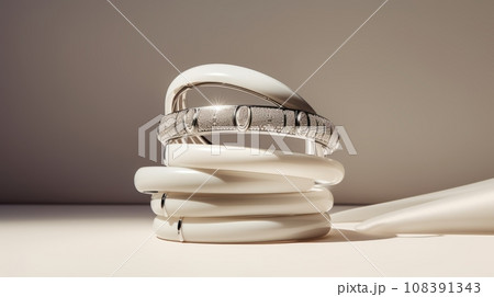 Stack of white bracelets on a wooden table. Close-up of the bracelets. Stack of white bracelets on a wooden table. Close-up of the bracelets. 108391343