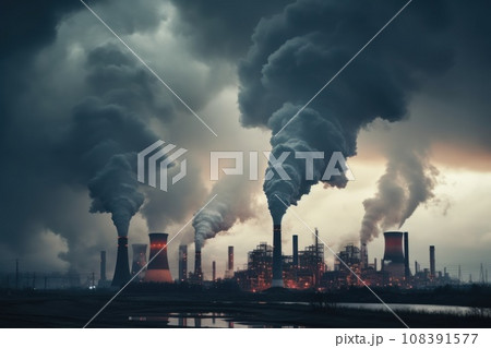 Industrial factory pollution, smokestack exhaust gases, bad atmosphere Industrial factory pollution, smokestack exhaust gases, bad atmosphere 108391577