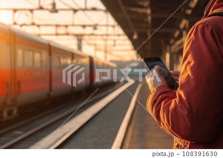 Close up Hand of human using mobile phone at railway station Generative AI Close up Hand of human using mobile phone at railway station Generative AI 108391630