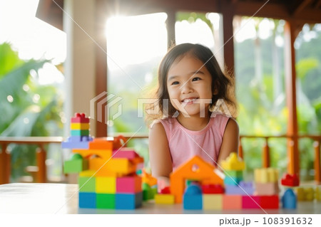 Photo of Little smiling girl at home play with colorful blocks day light Photo of Little smiling girl at home play with colorful blocks day light 108391632
