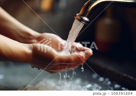 People use soap and washing hands under the water tap. Hygiene concept hand detail 108391884