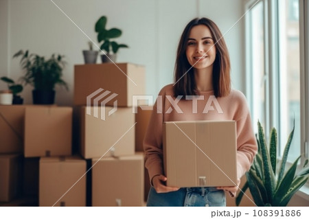 photo of a woman with carton boxes in living room for online shopping and sale photo of a woman with carton boxes in living room for online shopping and sale 108391886