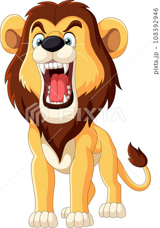 Cartoon lion roaring on white background 108392946