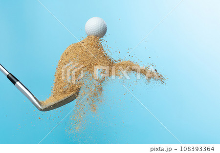 Golf ball tee explode from sand bunker. Golfer hit ball with club to sand explosion to summer sky. Golf club hit ball tee in sand wedge bunker explosion. Blue sky background isolated freeze motion 108393364