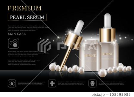 Hydrating facial serum for annual sale or festival sale. white pearl and gold cream mask bottle isolated on golden light background. Graceful cosmetic ads, illustration. 108393983